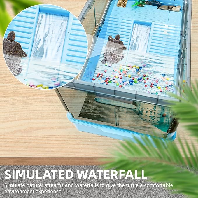 Turtle Tank kit with Filter+Water Pump+Heat lamp, Wheels, Easy to Move, Imitate The Natural Flows, Suitable for Small Turtle Horned Frog Hermit (XL, Blue)