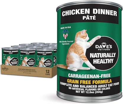 Dave's Pet Food Grain Free Wet Canned Cat Food Pate(Chicken), Made in USA Naturally Healthy, Wheat & Gluten-Free, 12.5 oz Cans (12 Pack)