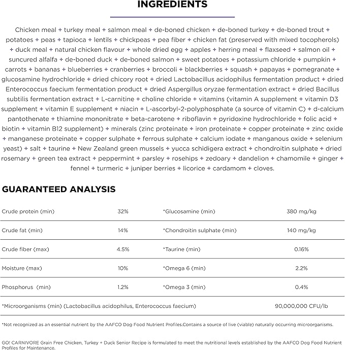 Go! Solutions Carnivore, Grain-Free, Protein Rich Dry Dog Food, Chicken, Turkey and Duck Senior Recipe, 22 lb Bag