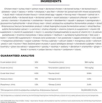 Go! Solutions Carnivore, Grain-Free, Protein Rich Dry Dog Food, Chicken, Turkey and Duck Senior Recipe, 12 lb Bag