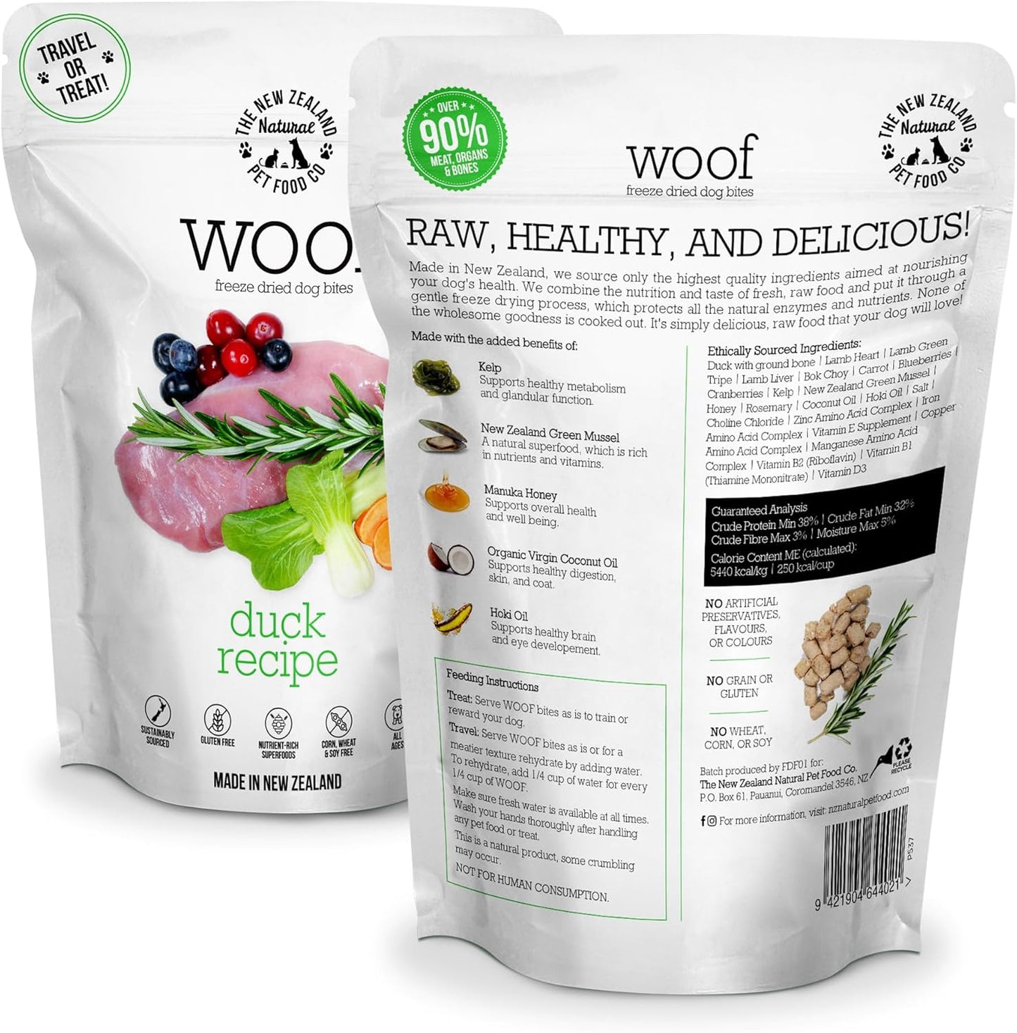 The New Zealand Natural Pet Food Co. Woof Freeze Dried Dog Food - Duck Recipe, High Protein, Complete Diet, Dog Treats, All Life Stages - 1.76 oz