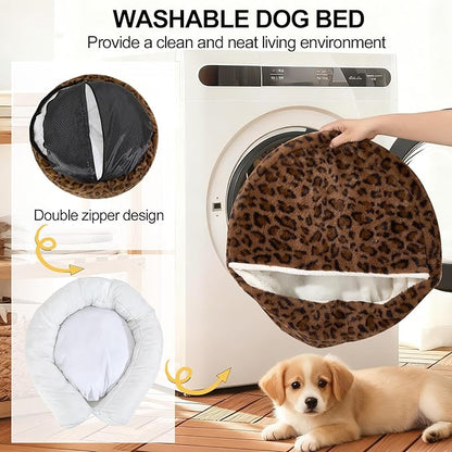 Calming Dog Beds & Cat Cave Bed with Hooded Cover,Removable Washable Round Beds for Small Medium Pets,Anti-Slip Faux Fur Fluffy Coved Bed for Improved Sleep,Fits up to 15/25 lbs(Leopard Print,M)