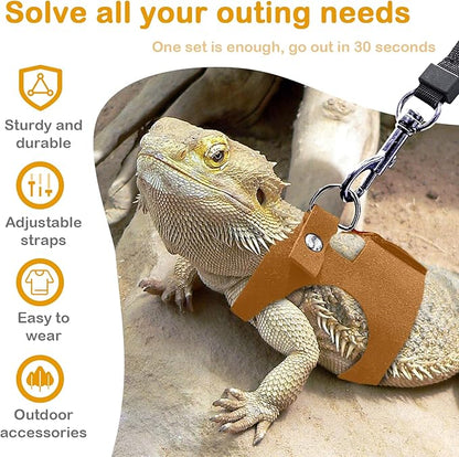 Bearded Dragon Leash and Harness Set - 3-Size Adjustable Soft Leather Vest with Retractable Leash, Easy-Wear Design(Brown, 3M)