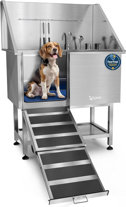 KANIS Professional Dog Washing Station - 304 Stainless Steel Pet Wash Sink & Grooming Bathtub w/Shower, Floor Grates and Storage for Large, Medium & Small Pets (40", Shelf - Left Ramp)