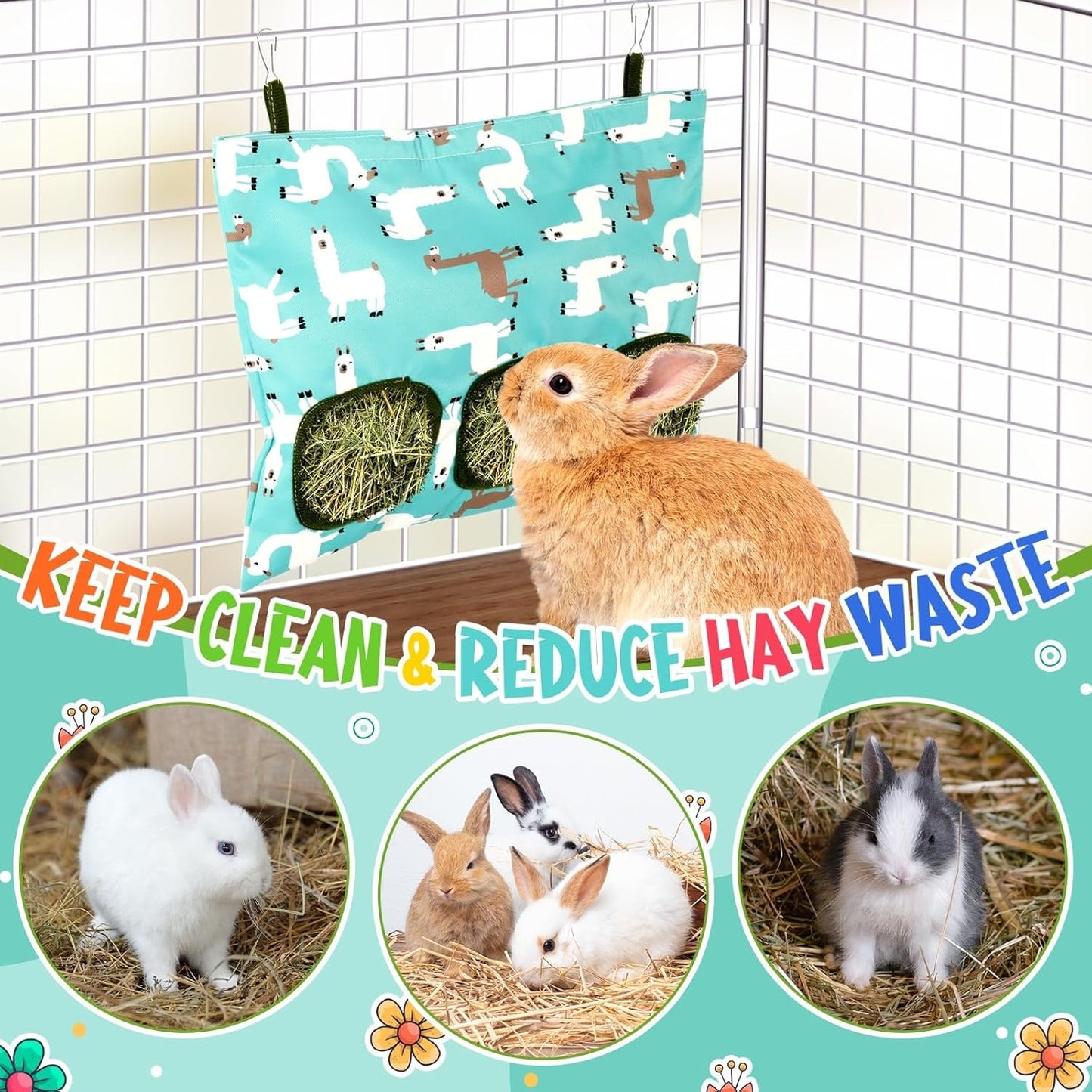 UPINS 2 Hay Bag for Rabbits 3-Hole Guinea Pig Hay Bags Hanging Hay Feeder, Hay Feeder for Rabbits Small Pets Chinchillas Hamstersand Animals