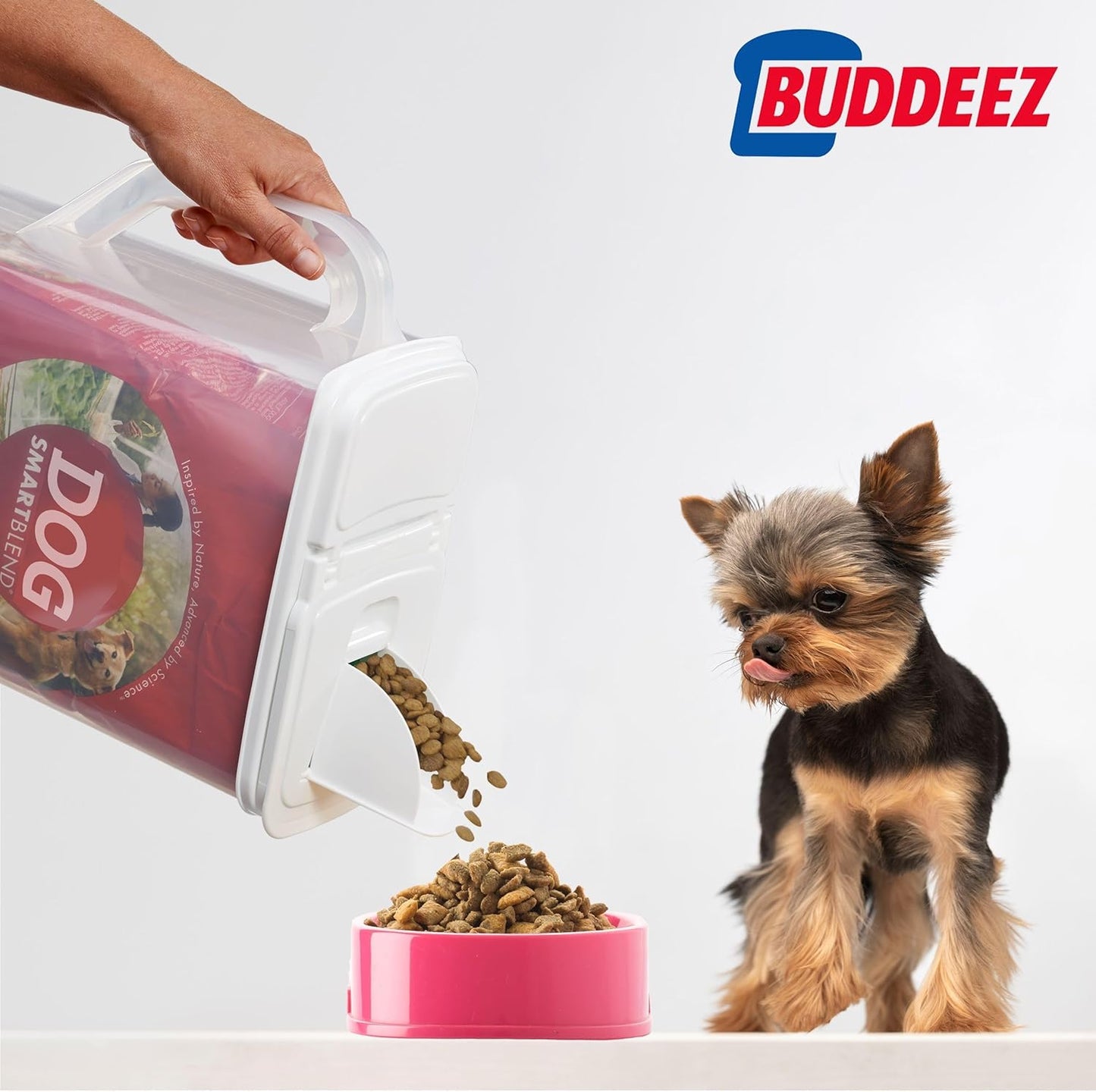 Buddeez Pet Food Storage Container - 8 Quart Capacity Dog / Cat Food & Bird Seed Container with Durable EZ Grip Handle, Flip Gray Lid (includes 1 Cup Clear Scoop)