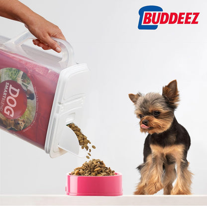 Buddeez Pet Food Storage Container - 8 Quart Capacity Dog / Cat Food & Bird Seed Container with Durable EZ Grip Handle, Flip Gray Lid (includes 1 Cup Clear Scoop)