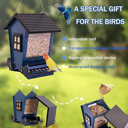 LSCQYYCC-Bird Feeder Squirrel Proof Metal Hanging for Outdoor Wild Bird Seed, with Bilateral Weight-Activated Perches, Large Feeder That Attracts Cardinals, Chickadees, and More Birds-One in Blue