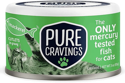 Pure Cravings Wet Cat Food Canned Mackerel Cutlets in Gravy, Every Catch is Mercury Tested, Moist Can Fish for Cats, Grain-Free, Protein, Non-GMO, Pack of 12