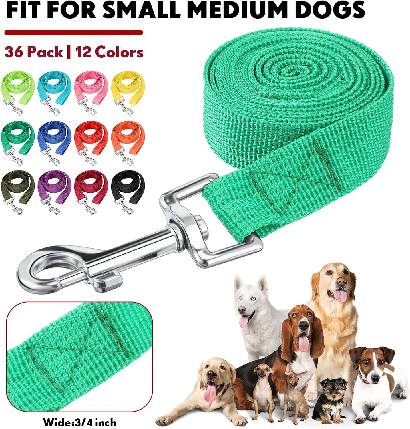 Hillban 36 Pcs Dog Leash Bulk 5 ft Multicolored Puppy Training Leash Slip Pet Traction Nylon Rope for Small Medium Dogs Agility, Yard, Camping, Backyard Play(12 Colors)
