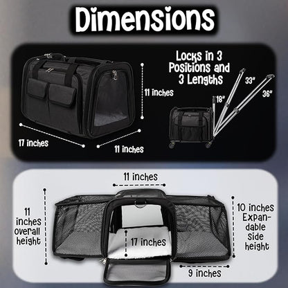 Pet Carrier with Wheels | Delta American Frontier Airline Approved | Two Expandable Sides, Storage Pockets Adjustable Leash | Rolling Dog and Cat Carrier TSA Compliant (Light Grey 17x12.5x11)