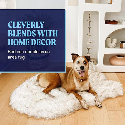 PAW Brands PupRug Orthopedic Dog Bed for Large Dogs with Fluffy Soft Faux Fur and Memory Foam for Joint Pain Relief, Machine Washable and Waterproof Couch Bed, White with Brown Accents, Medium