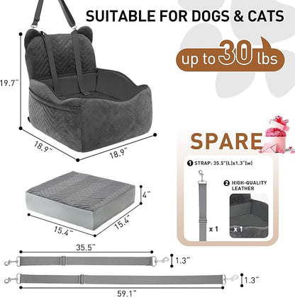 Dog Car Seat for Small Medium Dog up to 30 lbs with Waterproof PU Cover Pet Car Booster Seat with Memory Foam for Travel, Grey, 2 Safety Belt