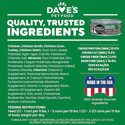 Dave's Pet Food Grain Free Wet Cat Food Pate (Chicken Formula), Made in USA Naturally Healthy Canned, Added Vitamins & Minerals, 5.5 oz Cans (24 Pack)