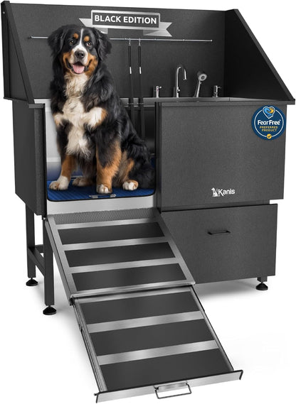KANIS Black Line Professional Dog Washing Station - 304 Stainless Steel Pet Wash Sink & Grooming Bathtub w/Shower, Floor Grates and Storage for Large, Medium & Small Pets (50", 1 Drawer - Left Ramp)