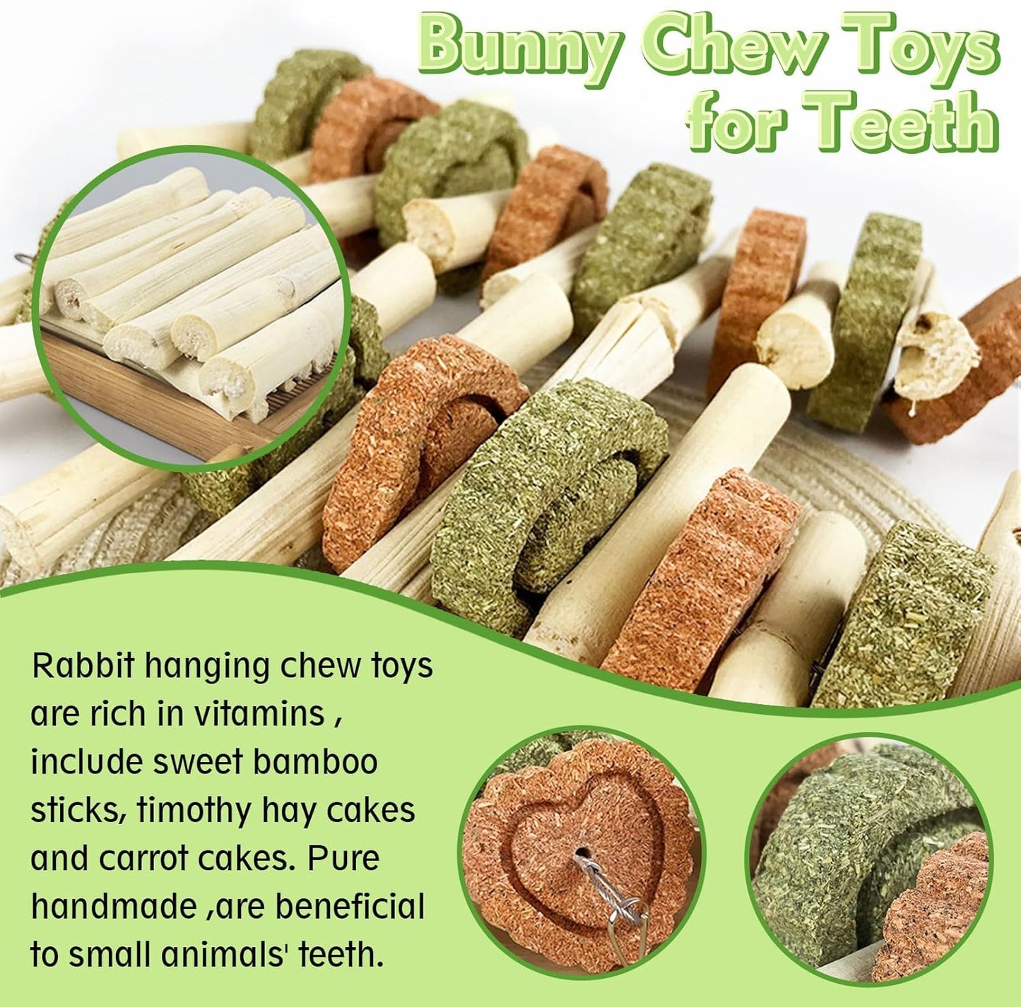 Hamiledyi 4PCS Bunny Chew Toys Rabbit Hanging Toys for Teeth Grinding Natural Apple Wood Sweet Bamboo Sticks Timothy Grass&Carrot Cake for Chewing/Improving Rodent Animals Dental Health