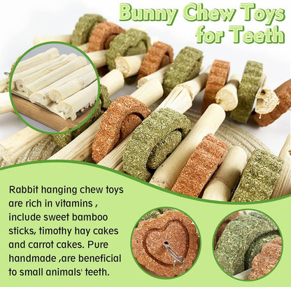 Hamiledyi 4PCS Bunny Chew Toys Rabbit Hanging Toys for Teeth Grinding Natural Apple Wood Sweet Bamboo Sticks Timothy Grass&Carrot Cake for Chewing/Improving Rodent Animals Dental Health