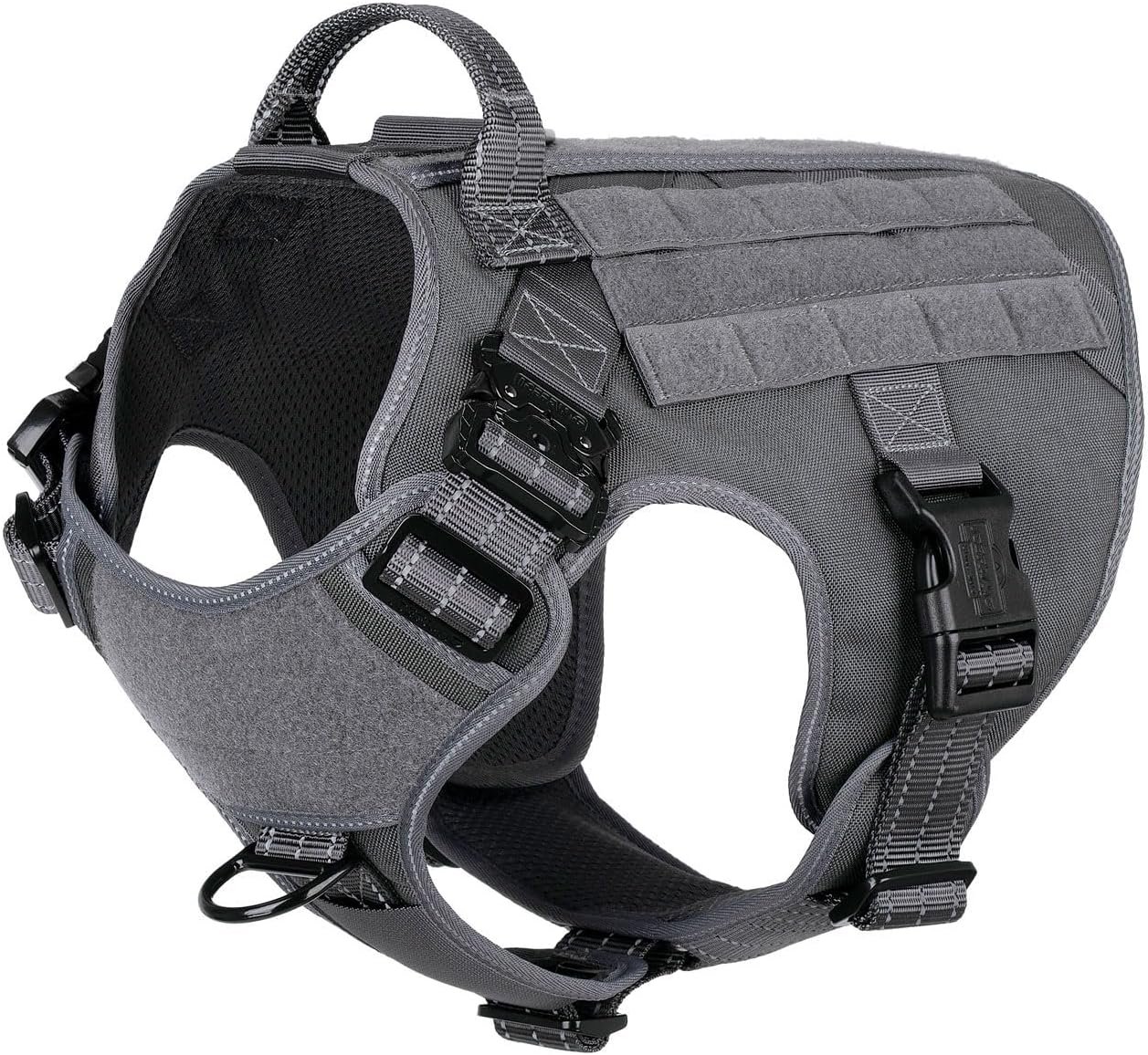 ICEFANG Tactical Dog Harness, Large Size,2X Metal Buckle,Working Dog MOLLE Vest with Handle,No Pulling Front Leash Clip,Hook and Loop Panel (Grey,L (Pack of 1))