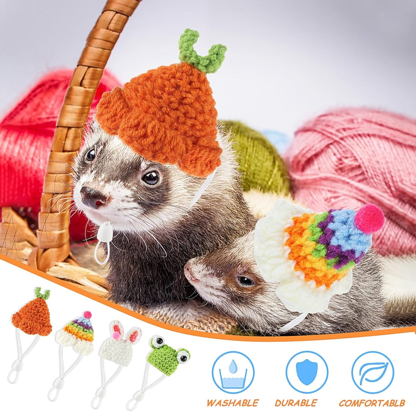 Thinp 4 Pcs Knitted Hats for Small Animals - Cute Tiny Hamster & Guinea Pig Hats with Adjustable Strap - Snake, Rainbow Bunny & Carrot Themed