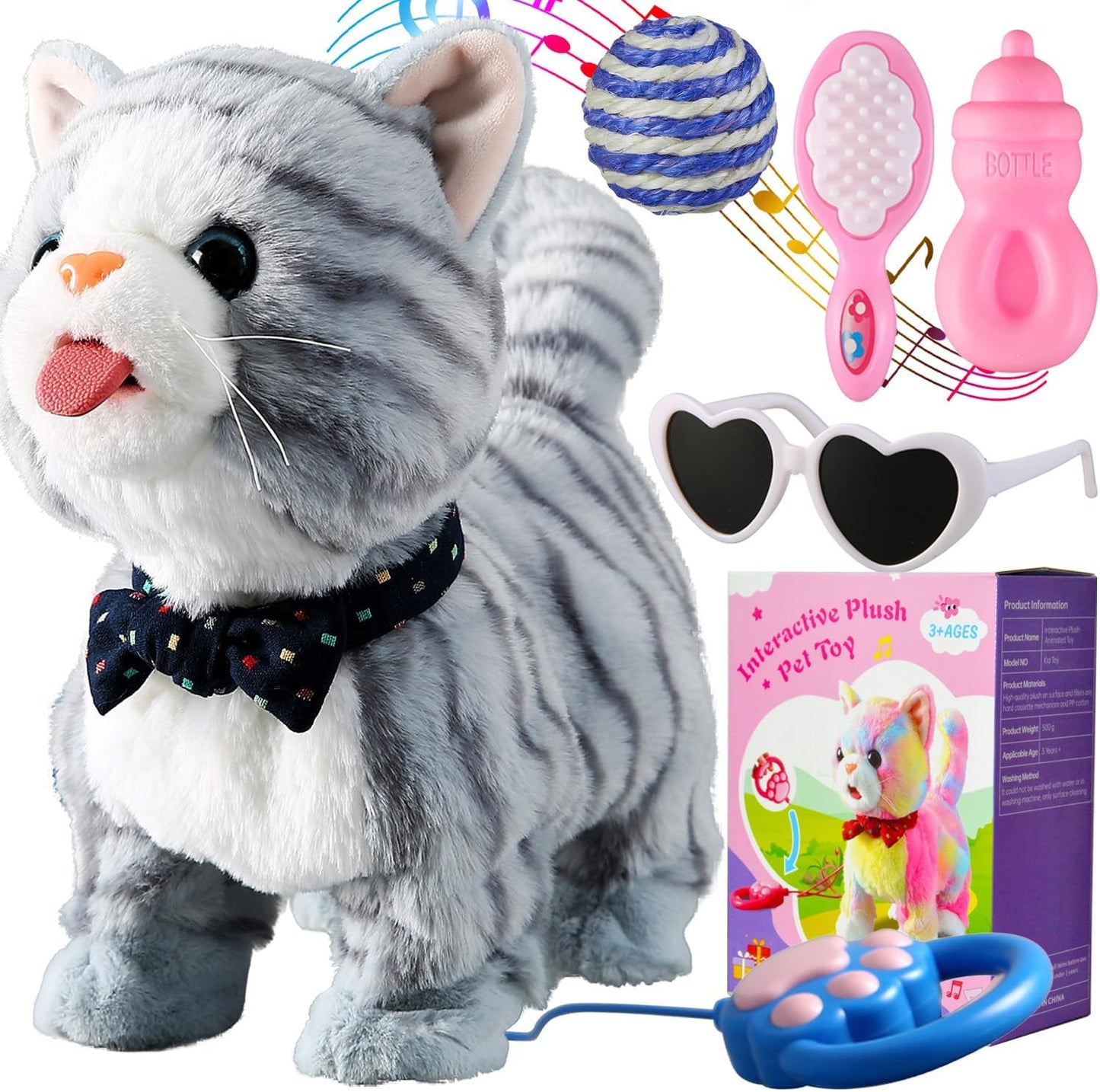 Gray Leash Walking Cat Set Interactive Talking Cat Singing Dancing Kitten Mimicking Repeat What You Say Kitty Touch and Voice Control Nodding Wagging Tail Plush Electric Kitty for Kid Gril