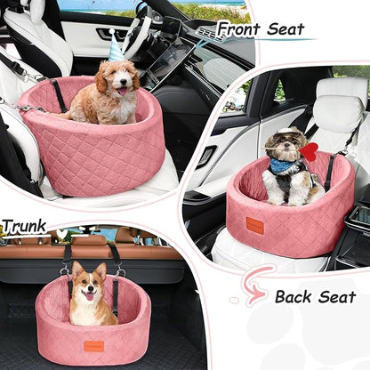 Dog Car Seat for Small Dogs Up to 30 Lbs,Ultra Soft Fabric Fill in Comfy Memory Foam,Happy Pet Ride,2 Safety Dog Leashes,Fully Detachable and Washable,Anti Slip Base(Pink)
