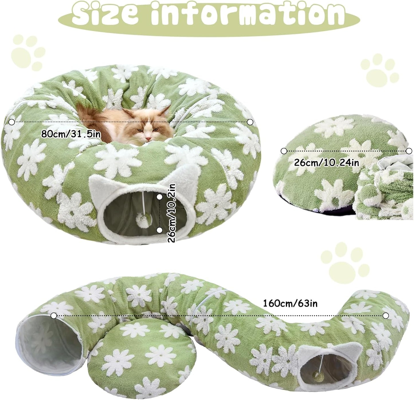 Cat Tunnel Bed for Indoor Cats, Soft Plush Donut Peekaboo Cat Cave, Multifunctional Playground Toy for Small Medium Large Cats, Kittens, Rabbits, Ferrets, with Washable Cushion(Green)