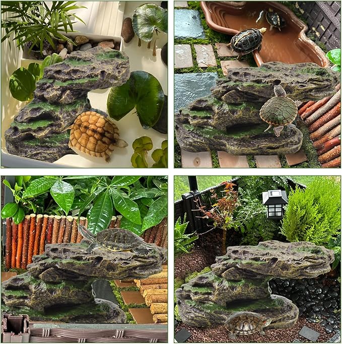 PINVNBY Turtle Basking Platform with 2 Pcs Suction Cups,Resin Floating Dock for Turtles,Tortoise Climbing Ramp Shale - Ideal for Aquatic Turtles,Stable & Durable,Easy to Install(Green Brown)