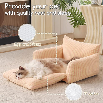 Hollypet Cat Bed Fluffy Plush Mutifuctional Double-Layer Soft Pet Couch Orthopedic Sofa Nest Beds for Small Cats and Dogs, Pink Stripes (25x20x13 inch)