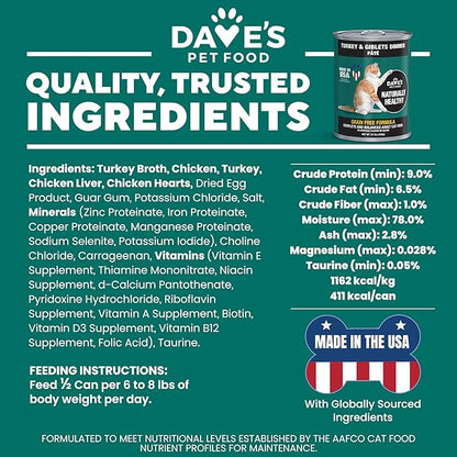 Dave's Pet Food Grain Free Canned Cat Food (Turkey & Giblets Pate), Made in USA Naturally Healthy Canned, Canned Pate, 12.5 oz Cans (12 Pack)