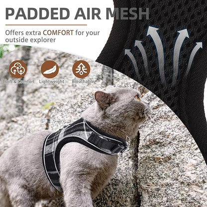 PUPTECK Soft Mesh Cat Vest Harness and Leash Set Puppy Padded Pet Harnesses Escape Proof for Cats Small Dogs Rabbits Bunny, Plaid Black, L
