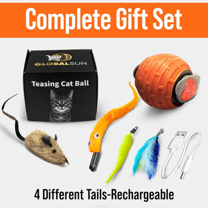 Motion Activated Self-Moving Cat Toy Ball – GlobalSun Speedy Tail 2.0 Automatic Rolling Ball Cat Toy with Mouse & Feather Tails, USB Rechargeable Interactive Toy for Indoor Cats
