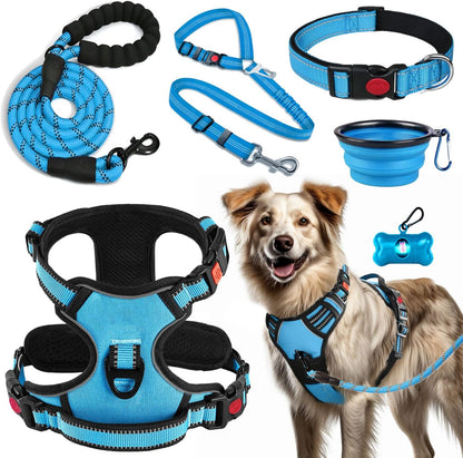 No Pull Dog Harness, Collar & Leash Set | Includes Dog Seat Belt, Collapsible Bowls & Poop Bag Dispenser. Ideal for Training, Walking, Hiking. Fits Small to Large Dogs(Blue-L)