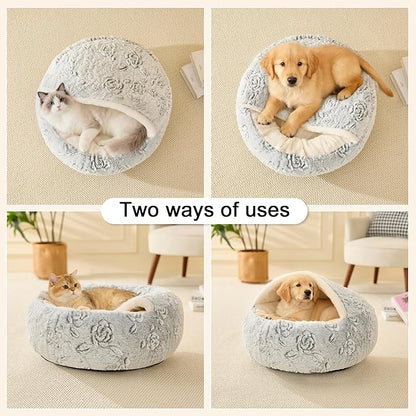 Calming Dog Beds & Cat Cave Bed with Hooded Cover,Removable Washable Round Beds for Small Medium Pets,Anti-Slip Faux Fur Fluffy Coved Bed for Improved Sleep,Fits up to 15/25 lbs(Rose,M)