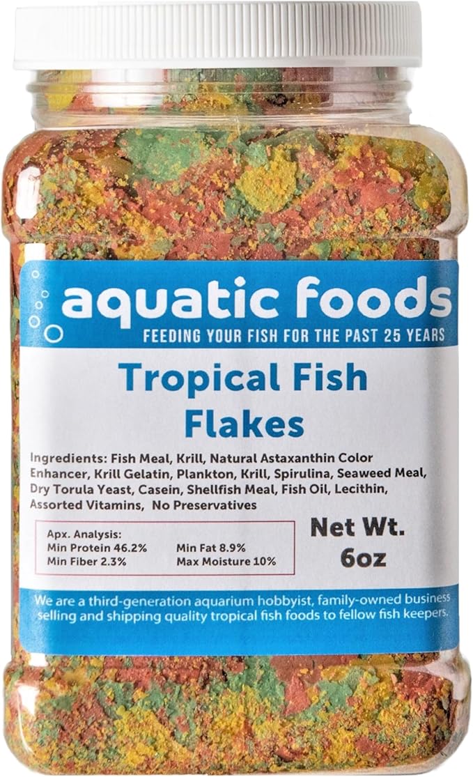Aquatic Foods Inc. Tropical Fish Premium Flakes for All Community Tropical Fish, Cichlids and Pond Fish. Aquatic Foods Premium Flakes…6oz Med Jar