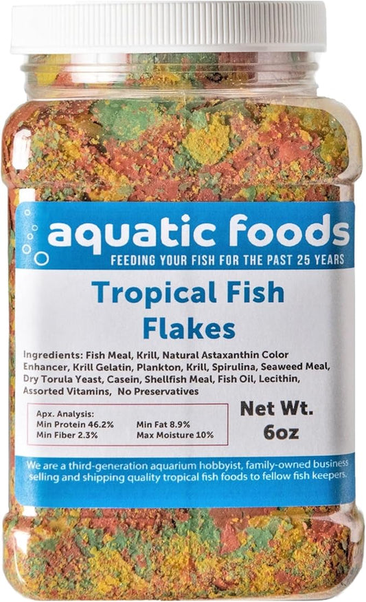 Aquatic Foods Inc. Tropical Fish Premium Flakes for All Community Tropical Fish, Cichlids and Pond Fish. Aquatic Foods Premium Flakes…6oz Med Jar