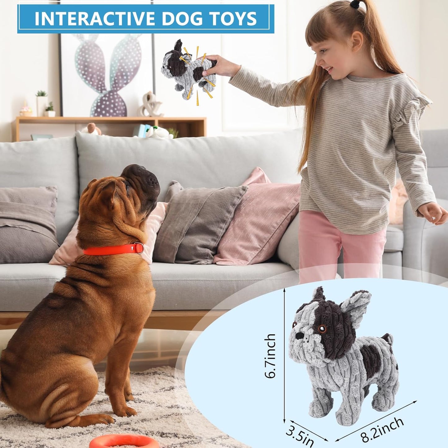 Dog Toys Plush Interactive Dog Toy with Crinkle Paper and Squeaker, Reduce Boredom and Anxiety, Cute Dog for Small Medium Large Dogs, Grey