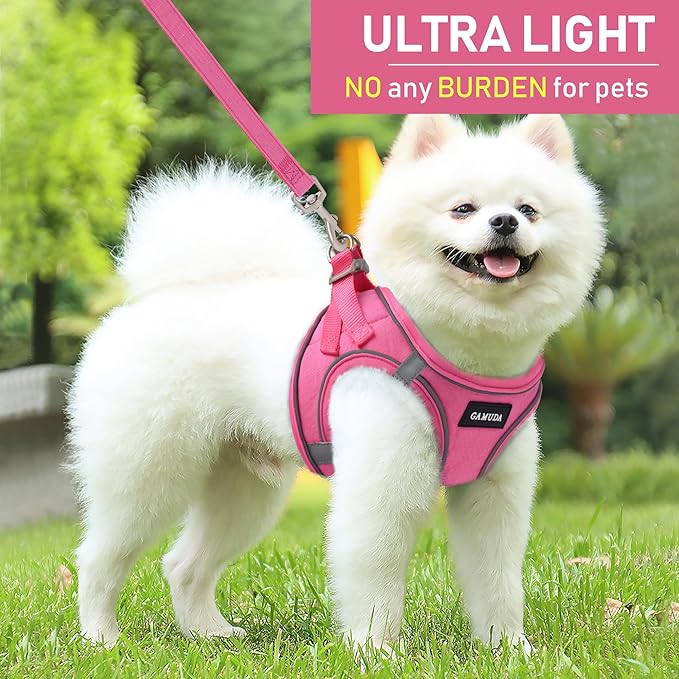 GAMUDA Small Pet Harness Collar and Leash Set, Step in No Chock No Pull Linen Fabric Soft Mesh Dog Vest Harnesses Reflective for Dogs Puppy Cats Kitten Rabbit (Pink, M)