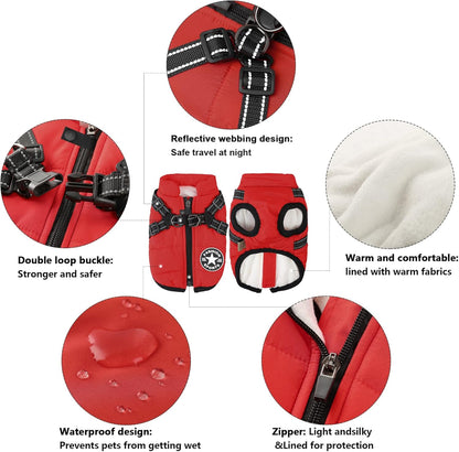 Aiboria Dog Jackets for Winter Windproof Waterproof 2 in 1 Outfit Cold Weather Coat Dog Vest Harness Puppy Winter Warm Jacket Red M
