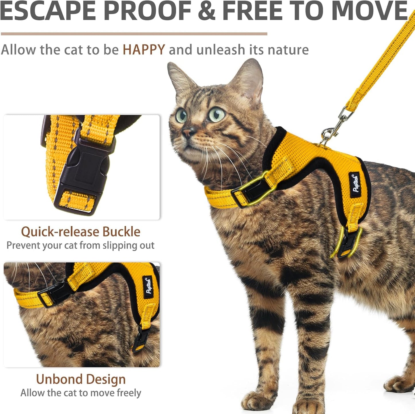 PUPTECK Cat Harness and Leash Set Escape Proof, Reflective Adjustable Soft Mesh Kitten Vest Harness for Walking Travel, Yellow, S