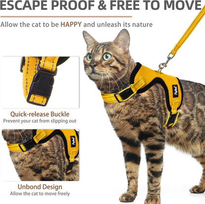 PUPTECK Cat Harness and Leash Set Escape Proof, Reflective Adjustable Soft Mesh Kitten Vest Harness for Walking Travel, Yellow, S