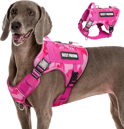 Tactical Dog Harness for Large Dogs,No Pull Military Dog Vest with Easy Control Handle&Molle,Reflective Heavy Duty Pet Harness for K9 Working Hiking Training Daily Walking Camo Pink XL