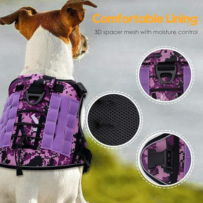 Heavy-Duty Tactical Dog Harness for Large Dogs, No Pull Adjustable Reflective Pet Vest with Molle System, K9 Military-Grade Control for Service Training, Outdoor & 10+ Breeds, Purple Camo, XX-Large