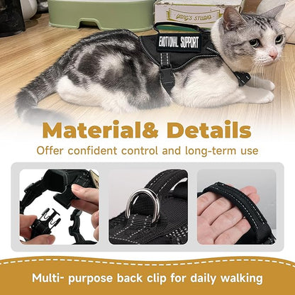 Tactical Cat Harness Adjustable Soft Padded Training Walking Esacpe Cat Vest Harness No-Pull Pet Harness Reflective with Easy Control Handle (Black, Leash-L)
