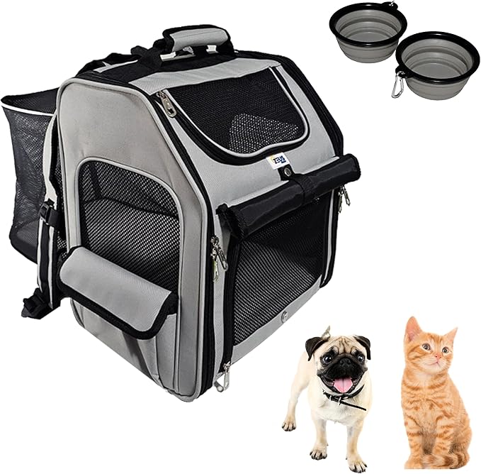 Expandable Pet Backpack Carrier – Dog & Cat Travel Bag with 4-Way Entry, Mesh Windows, Storage Pockets, Secure Zippers, Washable Cushion, Bonus 2 Collapsible Pet Bowls