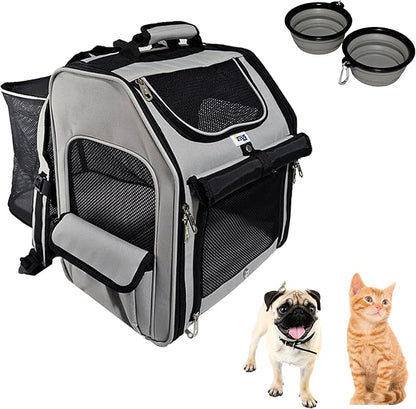 Expandable Pet Backpack Carrier – Dog & Cat Travel Bag with 4-Way Entry, Mesh Windows, Storage Pockets, Secure Zippers, Washable Cushion, Bonus 2 Collapsible Pet Bowls