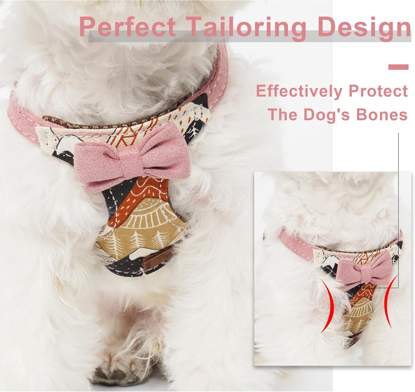 Puppytie No Pull Dog Harness with Multifunction Dog Leash,Soft Adjustable No Choke Escape Proof Pet Harness Vest for Medium Dogs,Suede Bow Pink,M