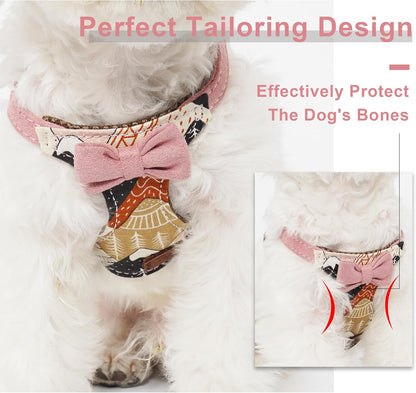 Puppytie No Pull Dog Harness with Multifunction Dog Leash,Soft Adjustable No Choke Escape Proof Pet Harness Vest for Medium Dogs,Suede Bow Pink,M
