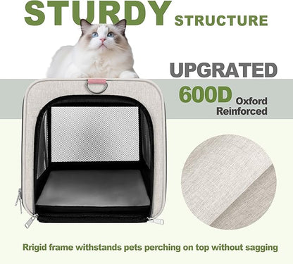 Cat Carrier American Airline Approved 18x11x11, Top Opening Sturdy Soft Pet Carrying Bag See Through, Mini Dog Hard Bottom Crate Kennel Case, 4-Side-Ventilation Mesh Cage Toy Poodle Biege