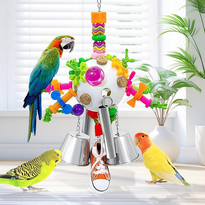 Bird Toys, Parrot Pullable Stainless Steel Cup Colorful Acrylic Stick Chew Toys for Amazons Mini Macaws African Greys Cockatoos Conures,Cockatiels, Lovebirds，Parrotlet，Eclectus (White)