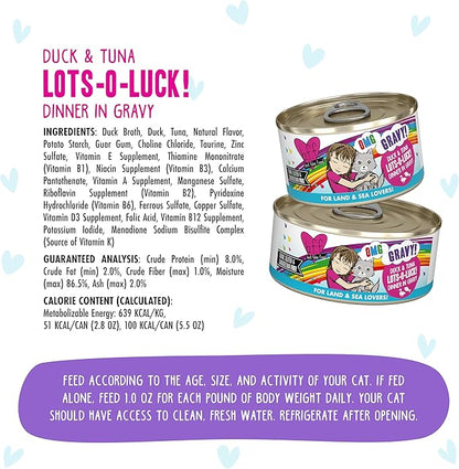 Weruva B.F.F. OMG - Best Feline Friend Oh My Gravy!, Lots-O-Luck! with Duck & Tuna in Gravy Cat Food, 5.5oz Can (Pack of 8)